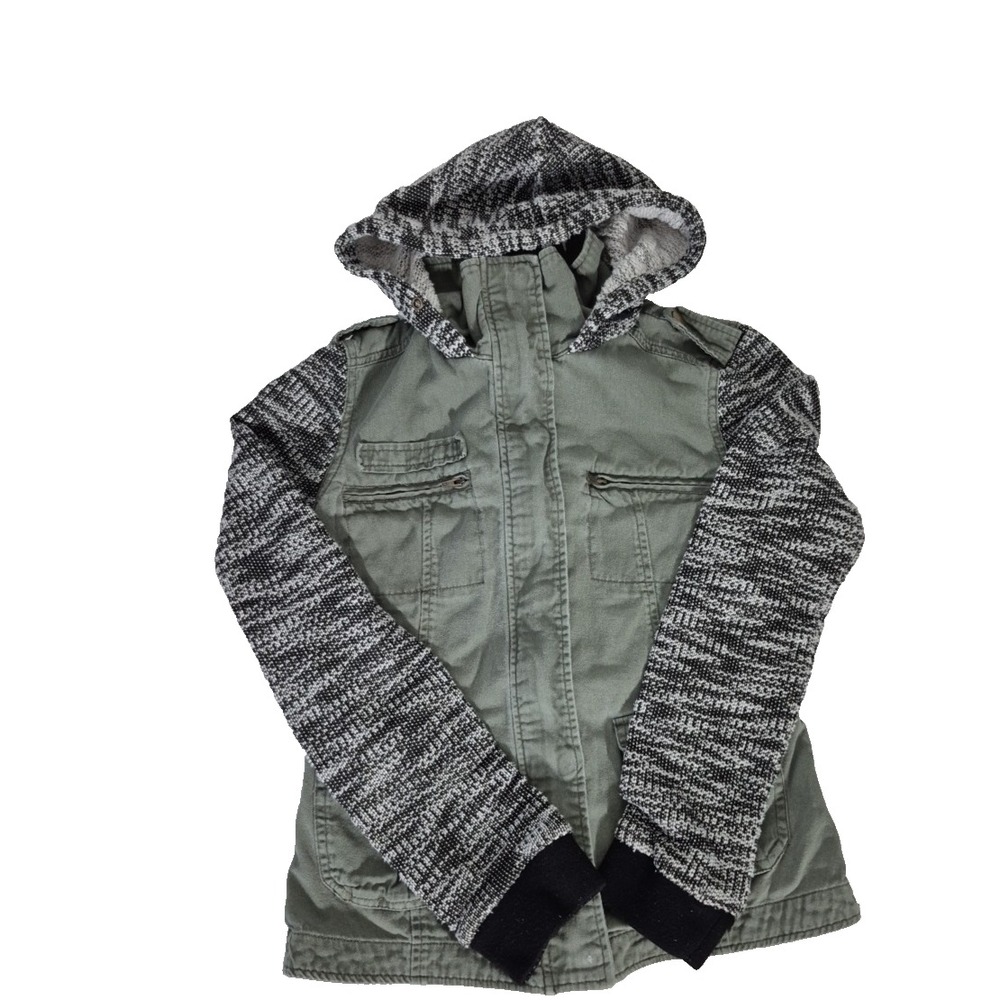 Mudd Jacket Womens Small Green Utility Anorak‎ Knit Sleeve Hooded Casual